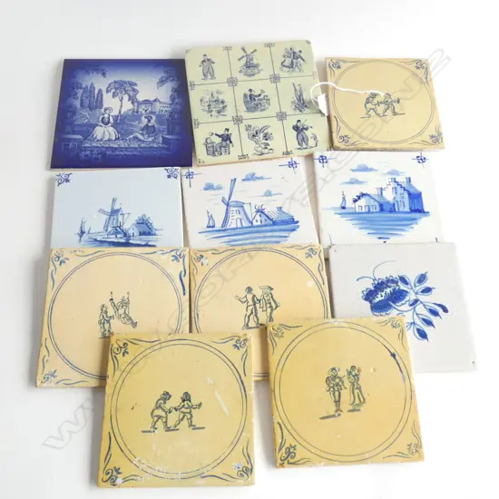 11 ANTIQUE DUTCH/ENGLISH TILES,  LARGEST 150mm SQUARE