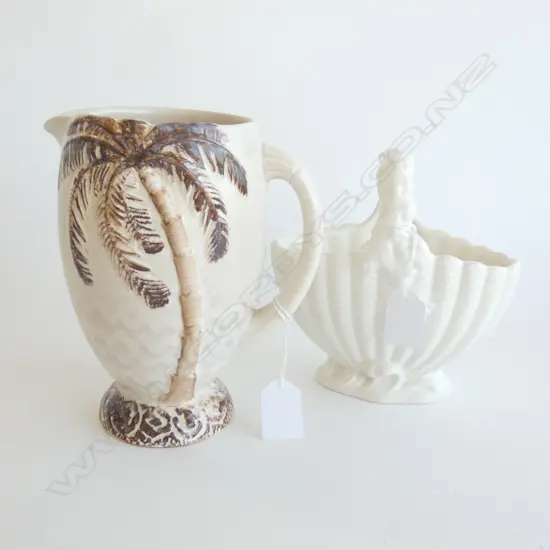 BESWICK PALM TREE JUG (H 185MM) & WHITE ENGLISH BASKET VASE 