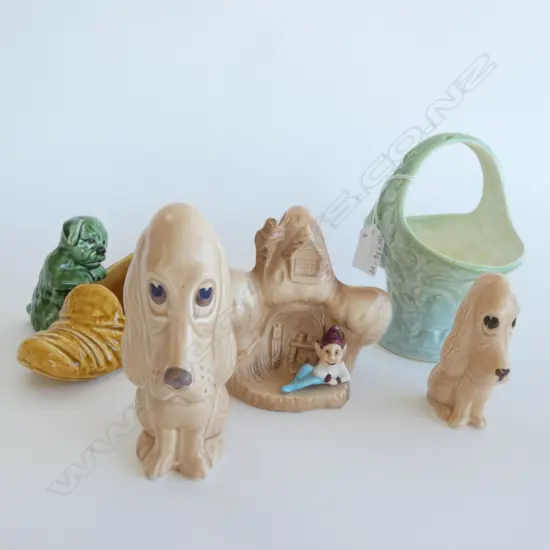 5 SYLVAC PCS; DOG & BOOT/ 2 DOGS/ GNOME W. HOUSE & BASKET VASE 