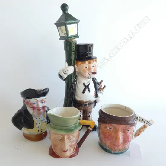 3 SMALL CHARACTER JUGS (LARGEST H 125MM) 1A/F & FIGURINE H. 300MM