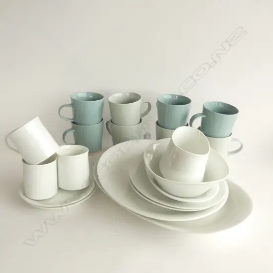 13 PC BIDASOA WHITE DINNERWARE & 8  H&M MUGS