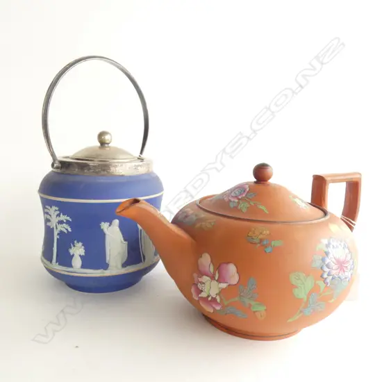 WEDGWOOD TERRACOTTA TEAPOT & COBALT JASPERWARE BISCUIT BARREL... 