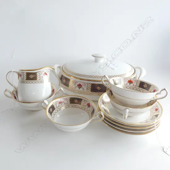ROYAL CROWN DERBY IMARI DINNER WARE; SOUP COUPES / SERVING DISH ETC. 10 PC....