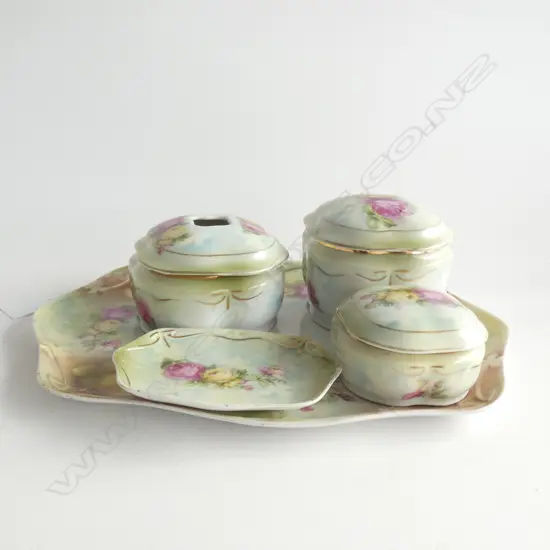 VINTAGE EUROPEAN STYLE PORCELAIN DRESSING TABLE SET; 5PC INCL. TRAY