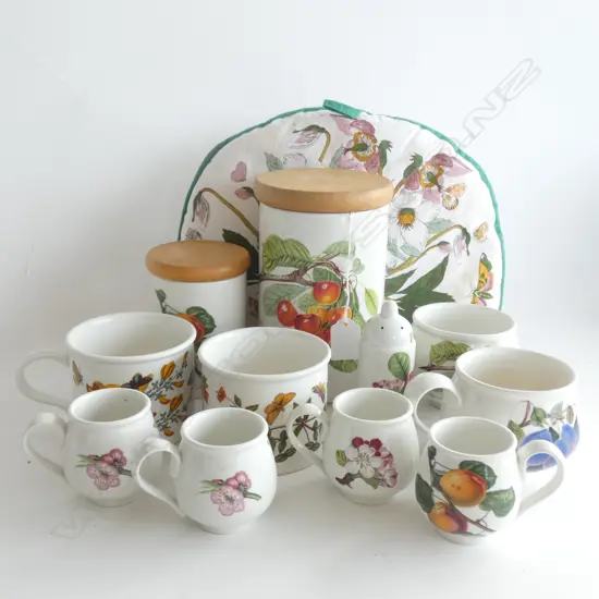 PORTMEIRION POMONA 2 CANISTERS (LARGEST H180MM) & 7 ASST MUGS / BOWL /PEPPER SHAKER - TOASTER COVER
