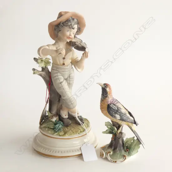 PR CAPODIMONTE FIGURINES; BIRD & BOY WITH VIOLIN (A/F)