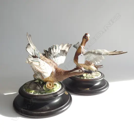 PR CAPODIMONTE DUCKS ON WOODEN STANDS...