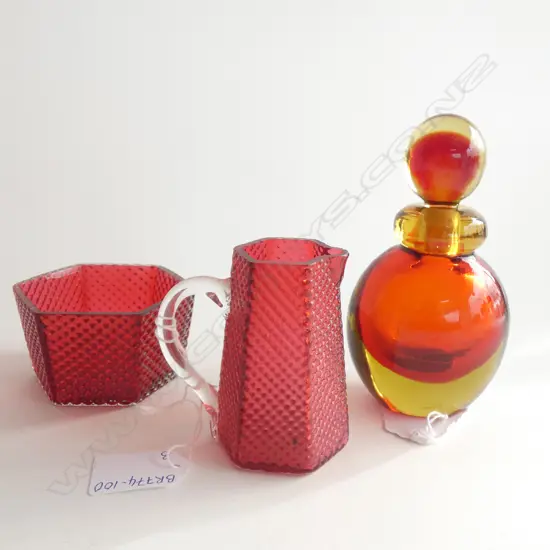 MURANO GLASS SCENT BOTTLE H. 130MM + RUBY GLASS JUG & BOWL