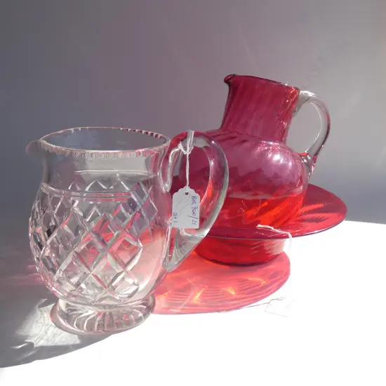WHITEFRIARS RED BOWL 260mm dia + 2 JUGS; CRYSTAL & CRANBERRY H.180mm