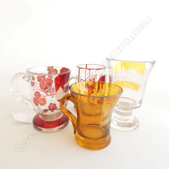 4 EUROPEAN ANTIQUE ETCHED COLOURED GLASSES H.110mm