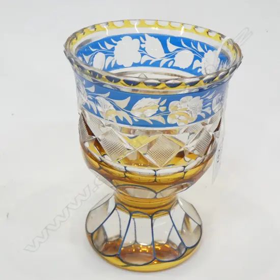 LG ORNATE GLASS GOBLET - BLUE / AMBER / CLEAR ETCHED GLASS H. 130MM