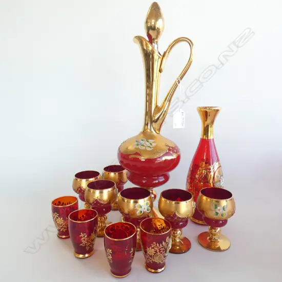 RED VENETIAN GLASS DECANTER H.415mm + 6 GLASSES / 4 SHOT GLASS & VASE
