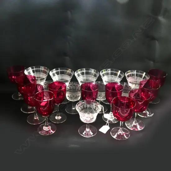 SELECTION OF VINTAGE STEM WARE; 11 RUBY GLASSES + 10 ETCHED 