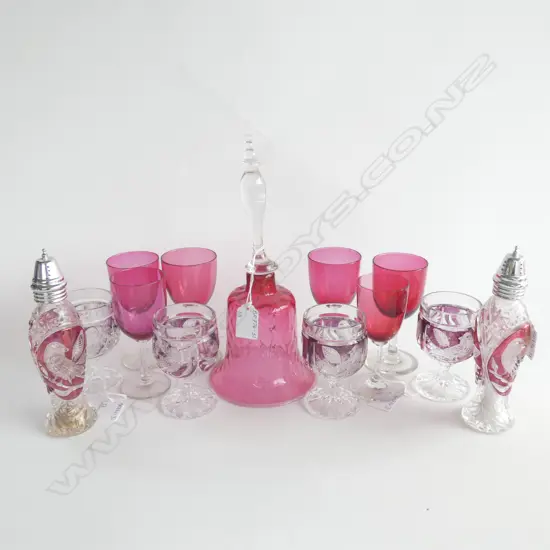 HOFBAUER GLASS SALT & PEPPER SHAKERS & 4 GLASSES / VICTORIAN RUBY GLASS BELL (H 270MM)+ 6 RUBY STEMMED GLASSES