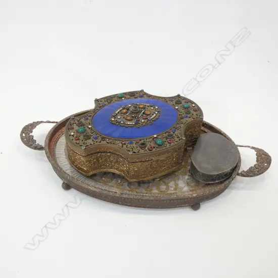 OLD FILIGREE & LACE TRAY & AUSTRIAN BEADED BOX  (L 200MM) + SM EP BOX