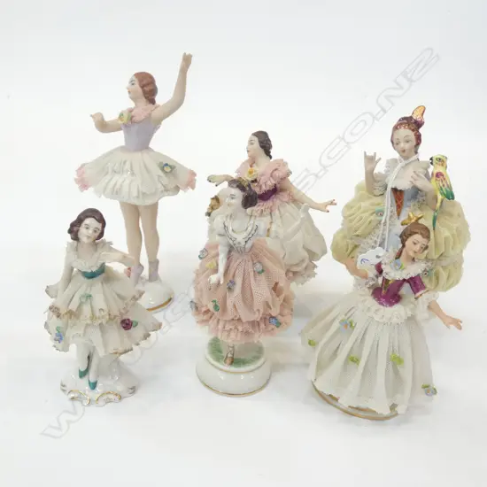 6 GERMAN PORCELAIN LACE FIGURINES TALLEST H. 170MM ALL HAVE SOME DAMAGE TO LACE