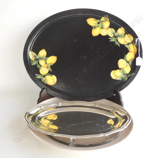 4 LG TRAYS / PLATES INC. PAINTED WOODEN TRAY (L500M) & POOLE TWINTONE PLATTER