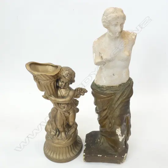 PLASTER FEMALE GREEK FIGURE H.430mm + GOLD PAINTED CHERUB w. CONE