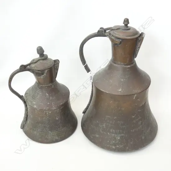 2 GRADUATED COPPER BELL SHAPED LIDDED JUGS LARGES H  440MM