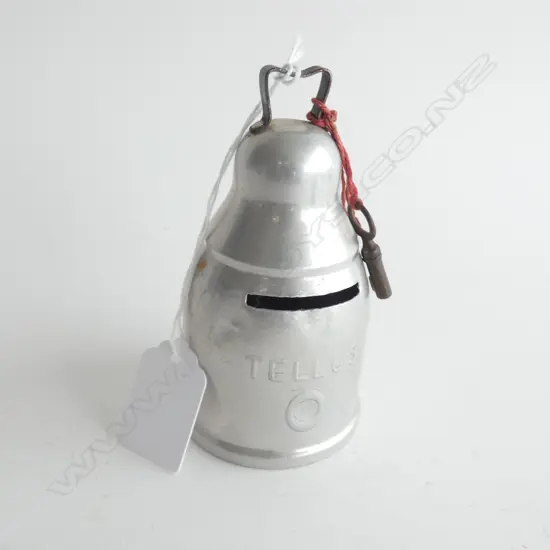 (18428) VINTAGE "TELLUS" ALUMINIUM MONEY BANK w KEY