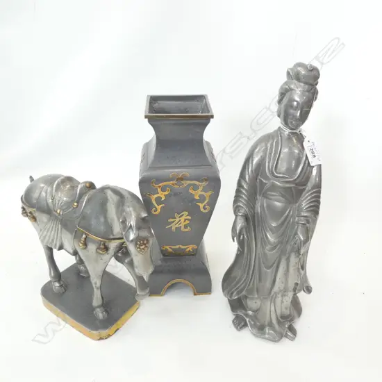 3 SILVER METAL DECORATIVE PCES; BUDDHA (NECK AF) H.360mm, SQUARE ORIENTAL VASE, HORSE