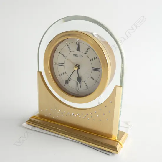 SEIKO  GOLD PLATED / GLASS SM MANTLE CLOCK  - ENCRUSTED WITH CRYSTALS  H 140MM