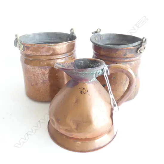 SM COPPER JUG H 110MM + 2 SWING HANDLE COPPER POTS DIA  110MM