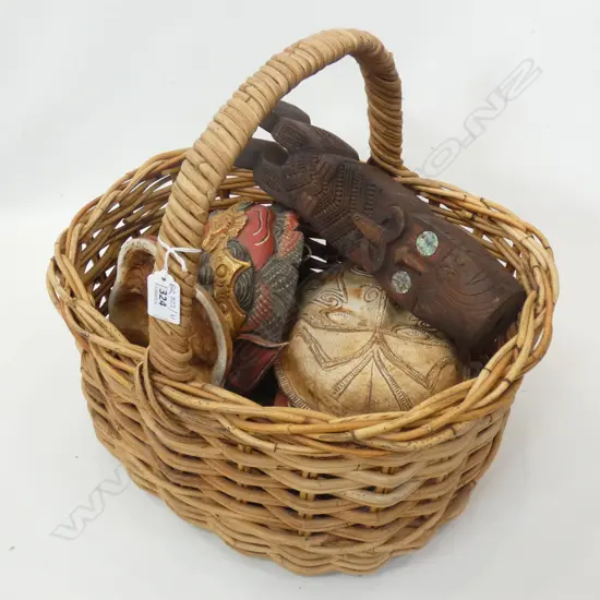WOVEN BASKET WOODEN MASKS, MAORI TOTEM ETC