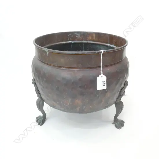 OLD BEATEN COPPER JARDINIERE ON 3 LION'S PAW FEET