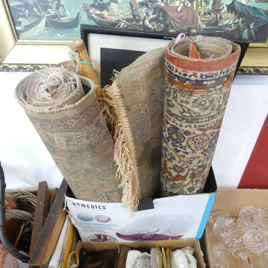 BOX LOT RUGS, POSTER ETC