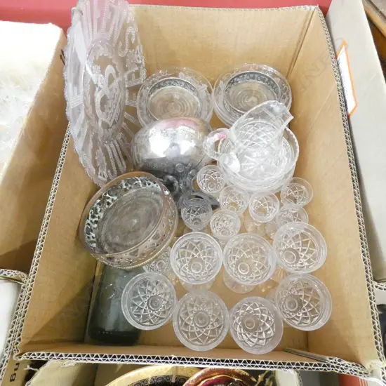 BOX LOT ASST. CRYSTAL, PR WINE COASTERS, ETC