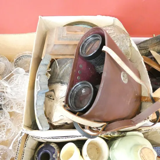 BOX LOT WOODEN BOXES, BINOCULARS ETC
