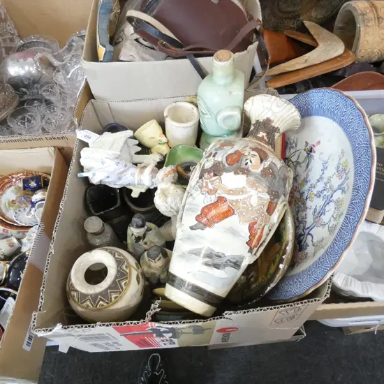 BOX LOT ASST. CERAMICS; ORIENTAL FIGURES ETC
