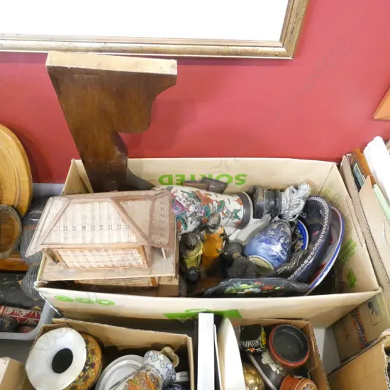 BOX LOT ASST.; ETHNIC FIGURES, BISCUIT BARREL, CERAMICS, BAMBOO HOUSE ETC