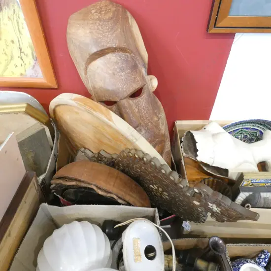 BOX LOT CARVED WOODEN PCES, CLOCKS ETC