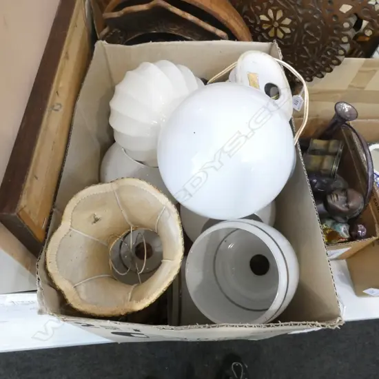 BOX LOT ASST. WHITE GLASS LIGHT SHADES ETC
