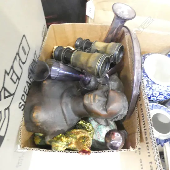 BOX LOT ASST. GLASS, OPERA GLASSES & CARVED WOODEN FIGURE
