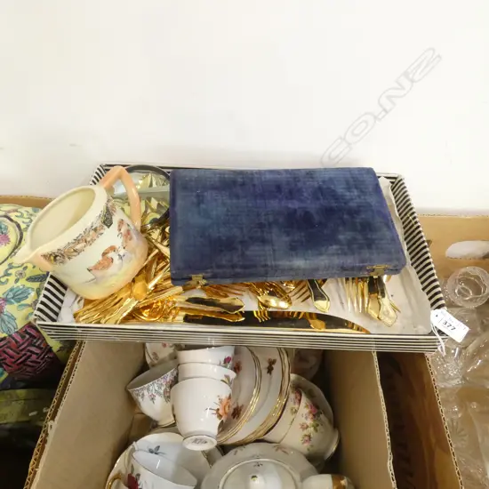 TRAY OF GOLD PLATED CUTLERY + JUG & SCALES ETC