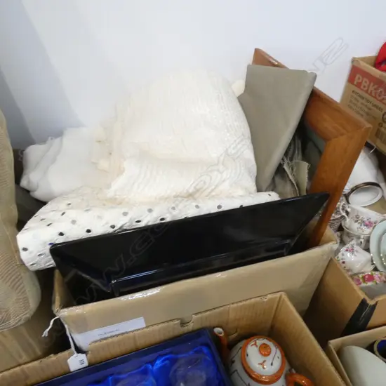 BOX LOT ASST. CERAMICS, MIRROR, LINENS, WHITE TOWEL ROBE