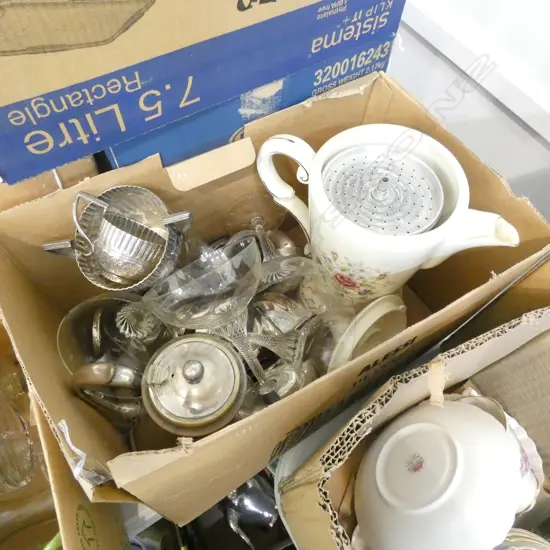 BOX LOT SILVER PLATE / CRYSTAL CHAMPAGNE GLASSES & PORCELAIN ELECTRIC COFFEE POT