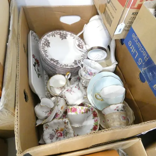 BOX LOT CHINA; ROYAL ALBERT TRIOS; RCD / BURLEIGH & CROWN LYNN VASE