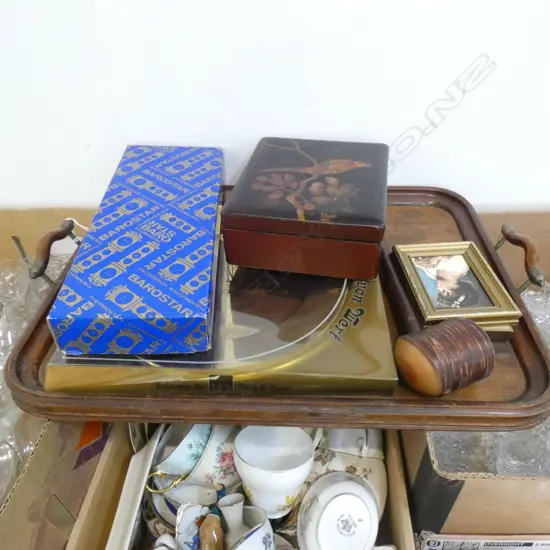 LGE WOODEN TRAY L.560mm, PLATE, LACQUER BOX, PIPE, BAROMETER ETC