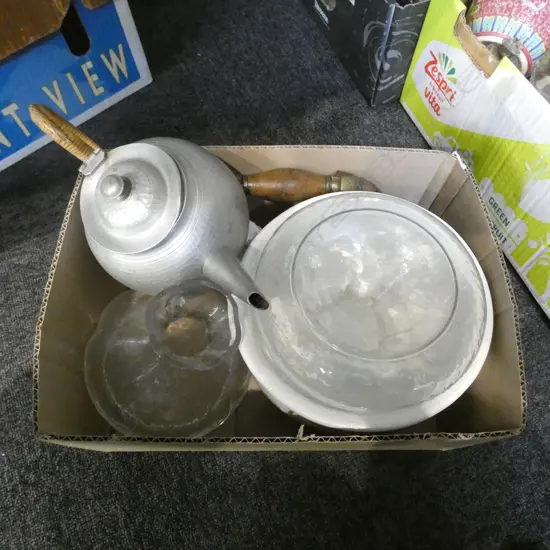 BOX LOT ASST. GLASS VASES, ANTIQUE BRACE & BIT ETC