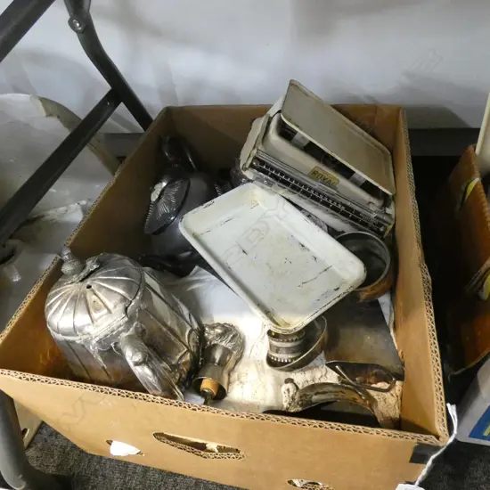 BOX LOT ASST. LINENS, LACE & SILVER PLATE