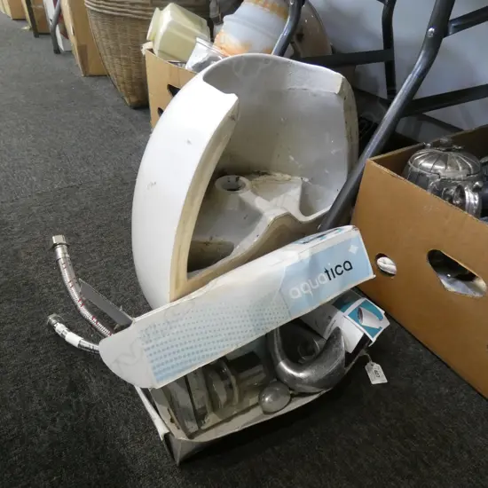 SM WHITE CERAMIC BATHROOM BASIN (440 X 250 X 380MM) & BOX ASST INCL. STEPHANE RONDEL TAPWARE ETC