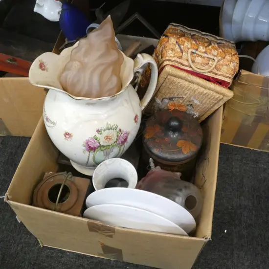 BOX LOT REPRO DECO PLANE LAMP, VICT. WASH JUG ETC