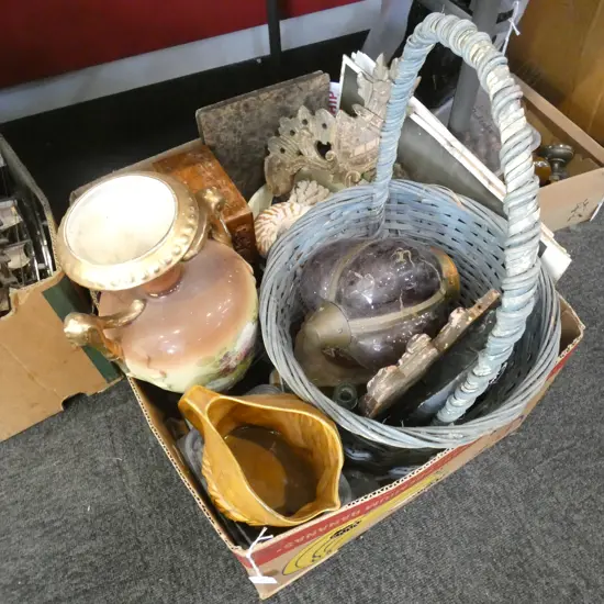 BOX LOT BLUE WOVEN CANE BASKET, SHELLS, BEADS ETC