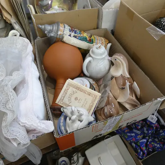 BOX LOT DUCKS, JAPANESE CHINA, COINS, WEDGWOOD, STEIN, TERRACOTTA BOTTLE