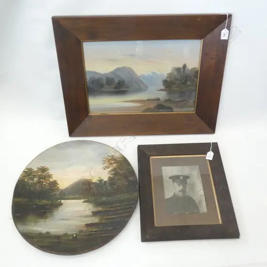 WWI SOLDIER + S. CROFT LANDSCAPE OIL 290x430mm ORIG. OAK FRAMES + CIRCULAR COLONIAL OIL PAINTED ON METAL DISK 445mm dia