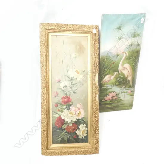 2 EARLY 20th OILS; FLORAL w. GILT FRAME AF & WHITE HERON & CHICK 915x360mm